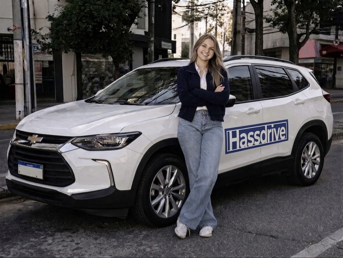 Anfitriã Hassdrive ao lado do seu SUV branco com adesivo da marca